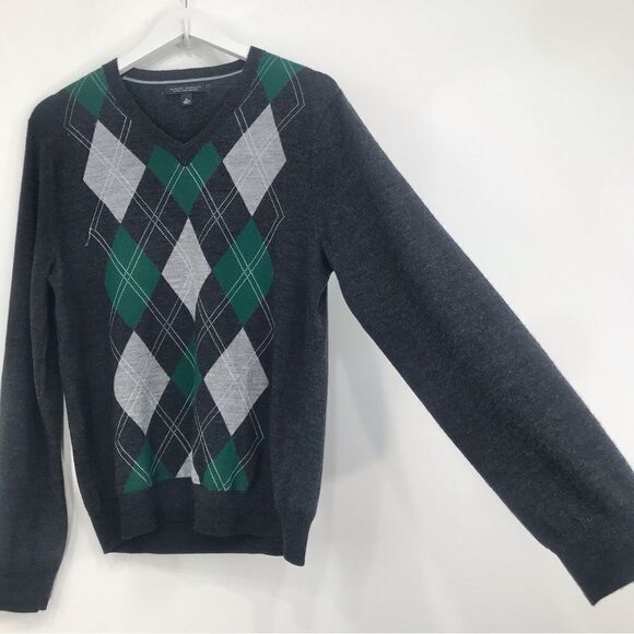 Banana Republic Gray Green Argyle 100% Merino Wool V Neck Pullover Sweater - Picture 7 of 16